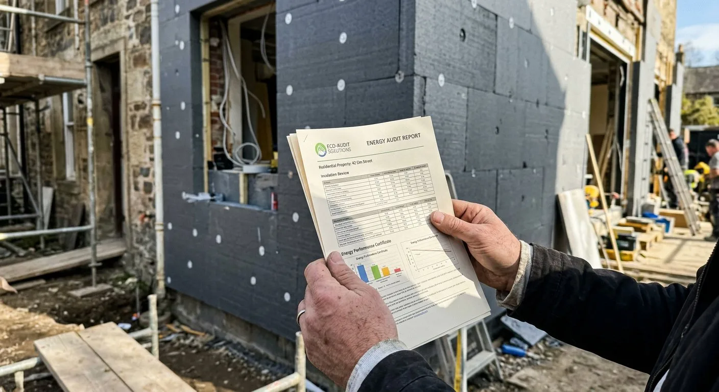 Właściciel domu analizuje szczegółowe dokumenty audytu energetycznego na tle ocieplanej właśnie ściany budynku.