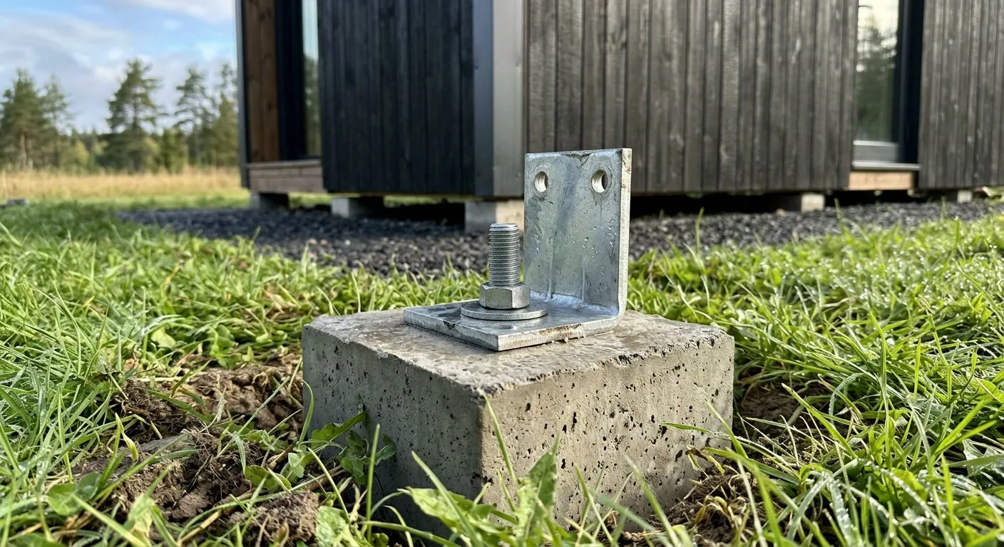 Solidny betonowy fundament punktowy ze stalowym łącznikiem czeka na montaż kolejnego segmentu mieszkalnego tuż obok istniejącego budynku.