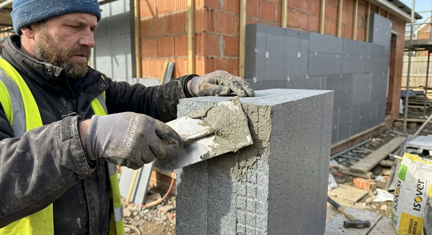 Pracownik budowlany w rękawicach roboczych precyzyjnie nakłada szary klej montażowy na krawędź płyty styropianu grafitowego przed przyłożeniem jej do ściany budynku.