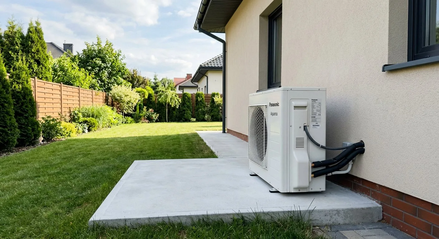 Nowoczesna, biała pompa ciepła stoi stabilnie na betonowym podwyższeniu przy świeżo otynkowanej, jasnej elewacji zmodernizowanego domu jednorodzinnego.