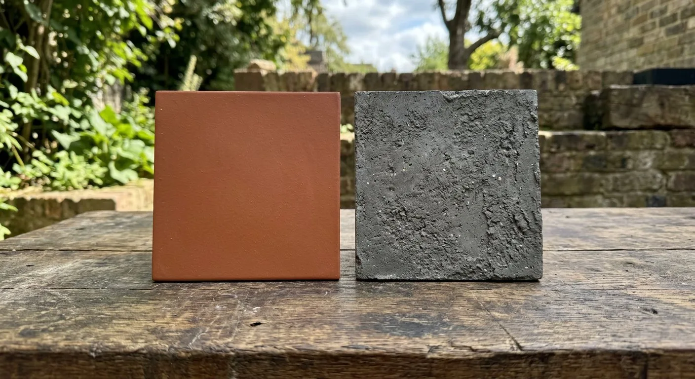 Dwie różne dachówki, ceramiczna w kolorze ceglastym oraz betonowa w odcieniu grafitowym, leżą obok siebie na drewnianym stole, ukazując różnice w strukturze materiału.