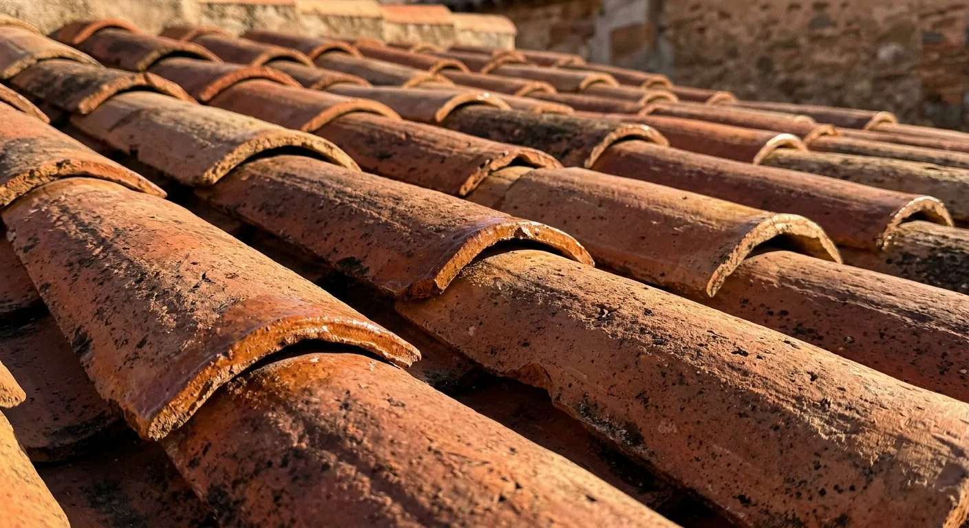 Klasyczne dachówki ceramiczne w kolorze naturalnej czerwieni lśnią w pełnym słońcu, eksponując swoje tradycyjne, faliste kształty.