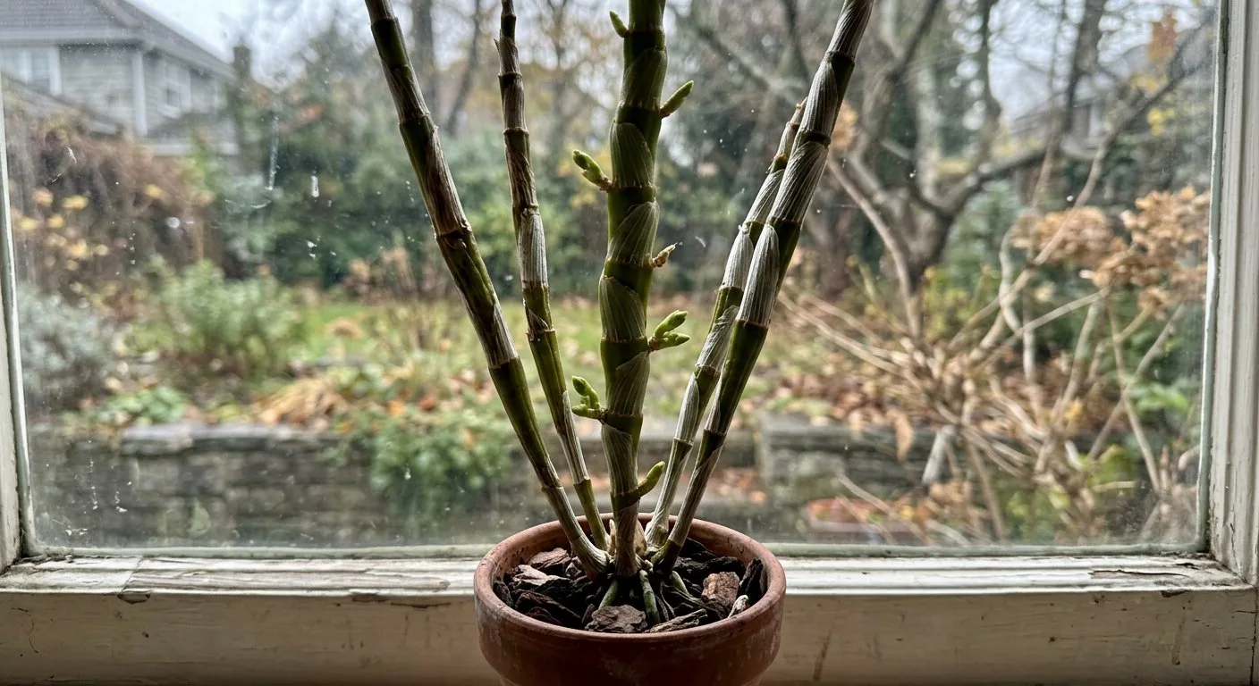 Dendrobium nobile umieszczone na chłodnym parapecie wypuszcza nowe pąki kwiatowe z węzłów na dojrzałej pseudobulwie.
