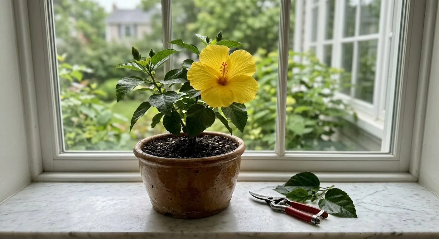 Żółty hibiskus doniczkowy o gęstym zielonym ulistnieniu prezentuje się na eleganckim marmurowym parapecie w świetle dziennym.