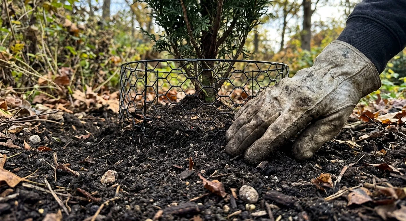 Ogrodnik w roboczych rękawicach precyzyjnie przysypuje ziemią metalowy kosz ochronny zabezpieczający korzenie rośliny przed gryzoniami.