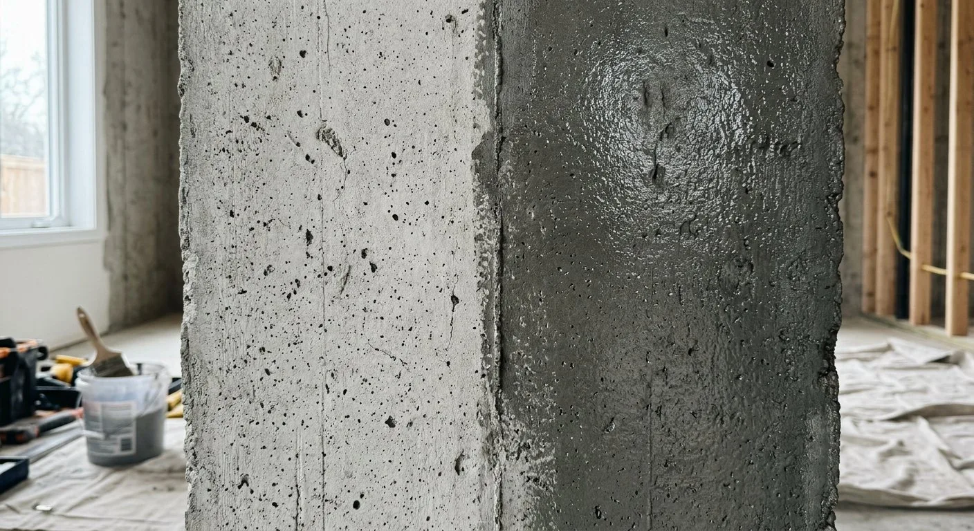 Zbliżenie na schnącą ścianę betonową z widoczną granicą między ciemniejszą, wilgotną plamą gruntu a jasnosarą, suchą powierzchnią.
