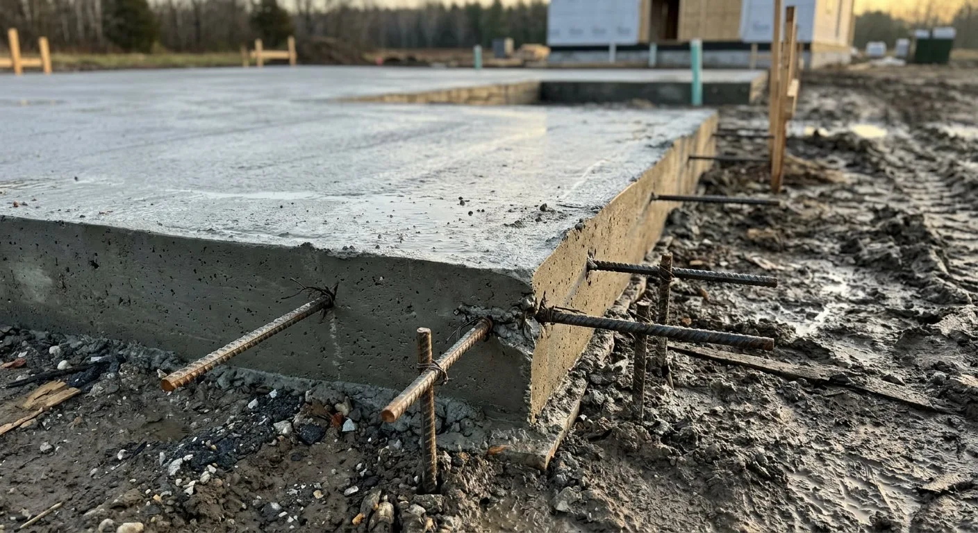 Gotowa płyta fundamentowa z widocznymi zbrojeniami czeka na montaż konstrukcji domu modułowego.