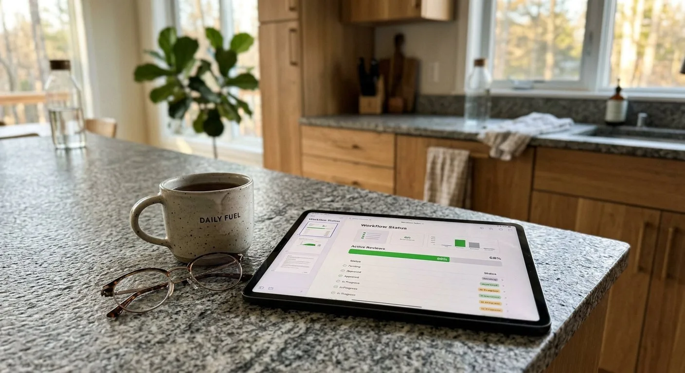Tablet leżący na kuchennym blacie wyświetla panel użytkownika z widocznym postępem weryfikacji dokumentów.