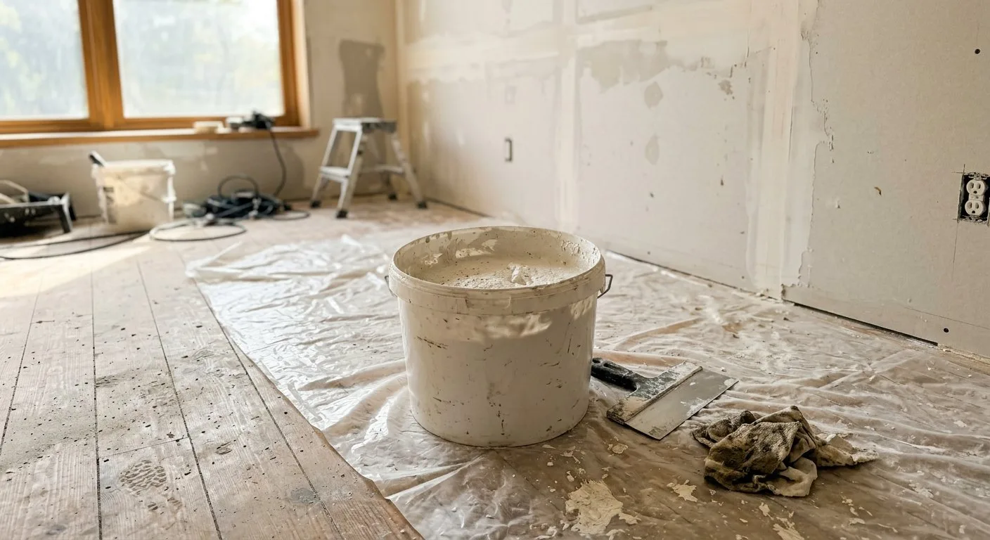 Plastikowe wiadro z gotową, białą masą szpachlową stoi na podłodze zabezpieczonej folią malarską w jasnym pokoju.