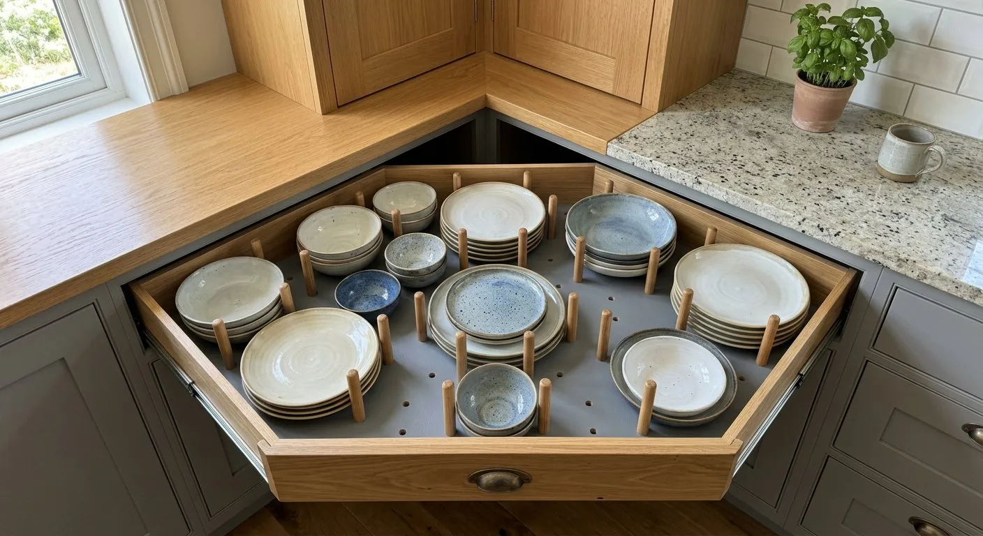 Regulowany organizer kołkowy w głębokiej szufladzie stabilizuje i porządkuje ułożone w stosy ceramiczne talerze oraz miski.