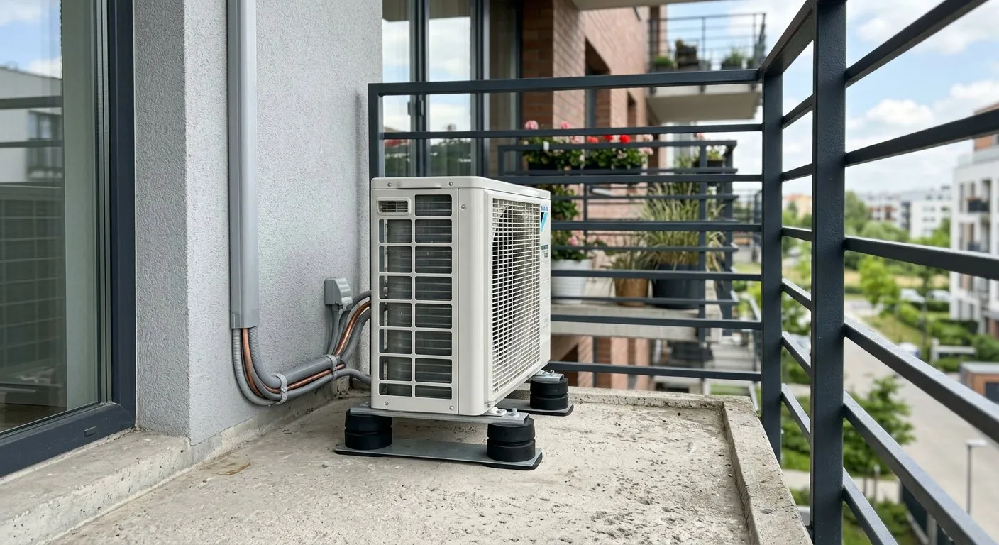 Zewnętrzna jednostka klimatyzatora stabilnie zamontowana na posadzce nowoczesnego balkonu wyłożonego jasnymi płytkami.
