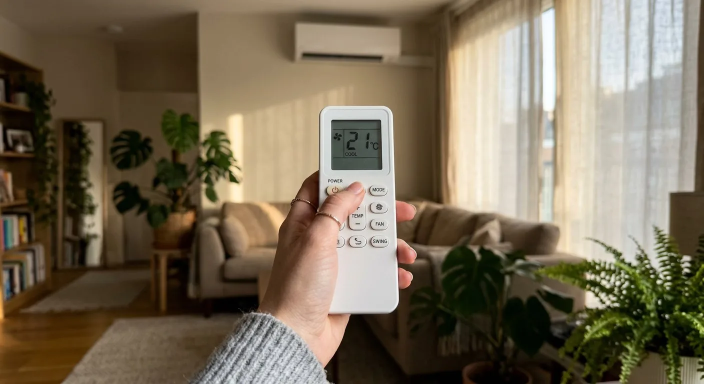 Dłoń domownika trzymająca biały pilot do klimatyzacji z widocznym na wyświetlaczu ustawieniem optymalnej temperatury.