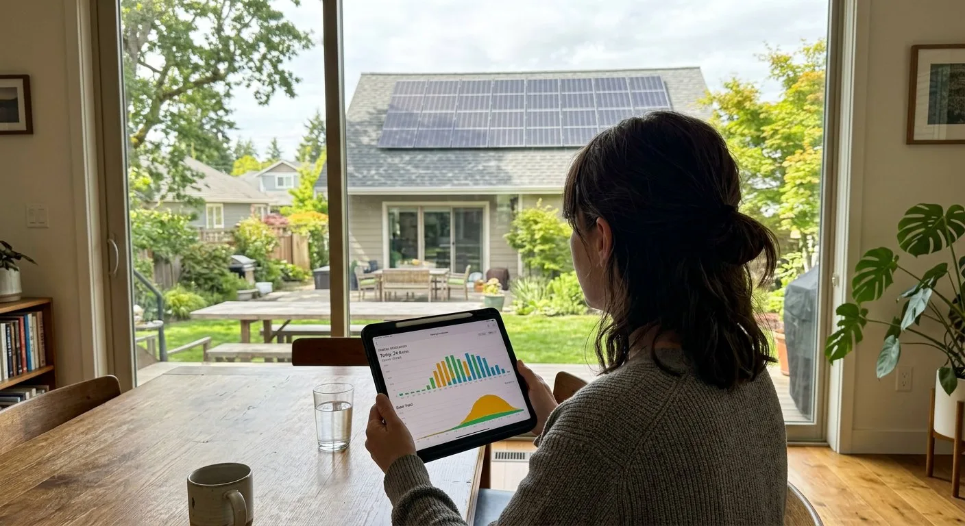 Kobieta trzyma w dłoniach tablet z wykresami zużycia energii, spoglądając przez duże okno na dom jednorodzinny z widoczną na dachu instalacją solarną.