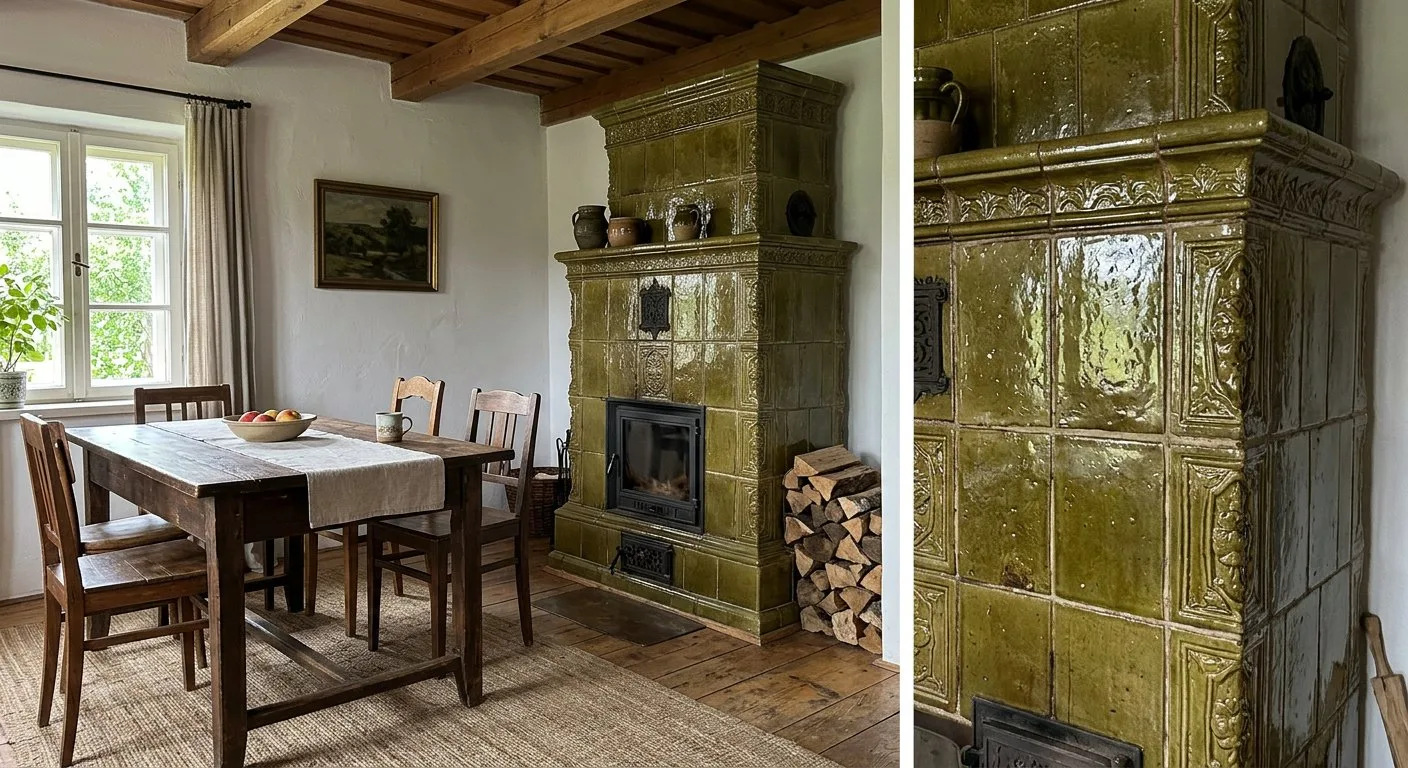 Klasyczny piec kaflowy z błyszczących zielonych kafli ceramicznych stoi w kącie przytulnej jadalni z drewnianymi meblami.