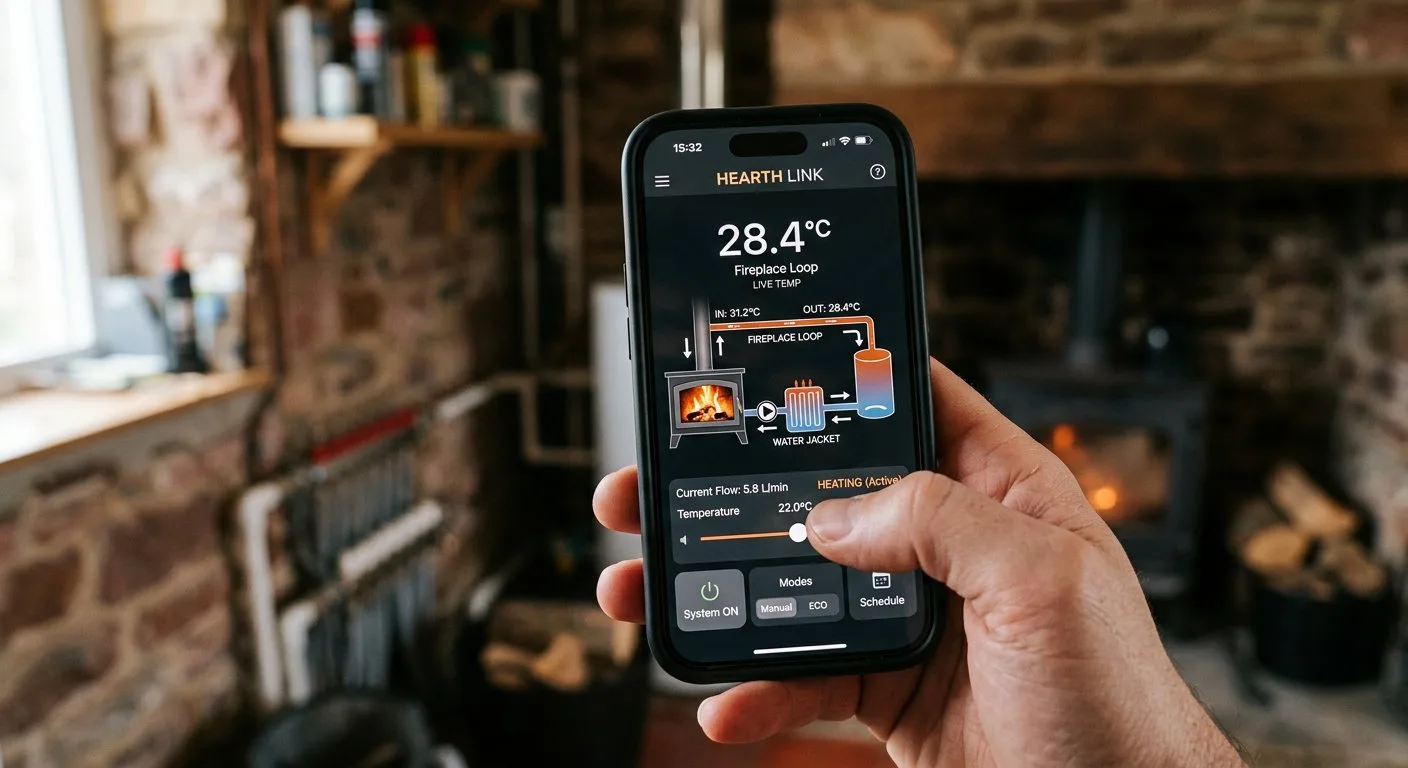 Mężczyzna trzyma w dłoni smartfon z uruchomioną aplikacją do monitorowania temperatury wody w instalacji grzewczej.