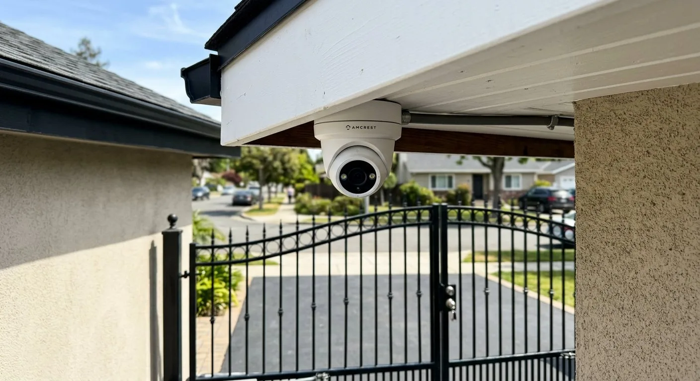 Biała kamera kopułkowa zainstalowana pod podbitką dachu monitoruje wjazd na prywatną posesję ogrodzoną czarną metalową bramą.