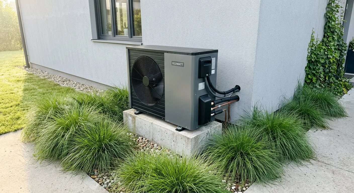 Nowoczesna pompa ciepła typu powietrze-woda zainstalowana przy jasnej elewacji budynku w otoczeniu zieleni ogrodowej.