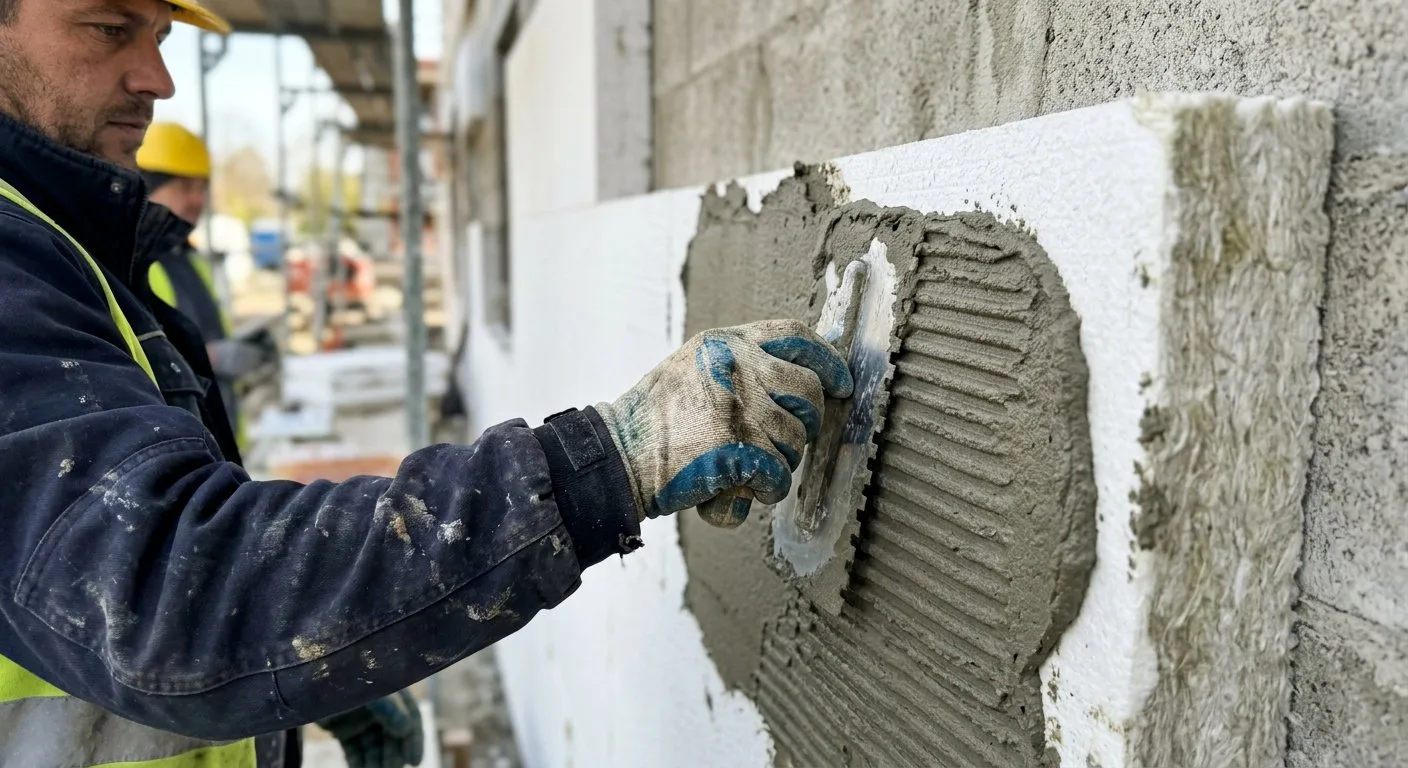 Pracownik budowlany w rękawicach ochronnych precyzyjnie nakłada szarą zaprawę klejową na płytę wełny mineralnej podczas ocieplania ściany zewnętrznej.