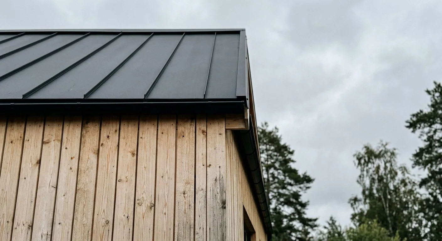 Detal architektoniczny elewacji z jasnego drewna modrzewiowego połączonej z minimalistycznym pokryciem dachowym z czarnej blachy na rąbek.