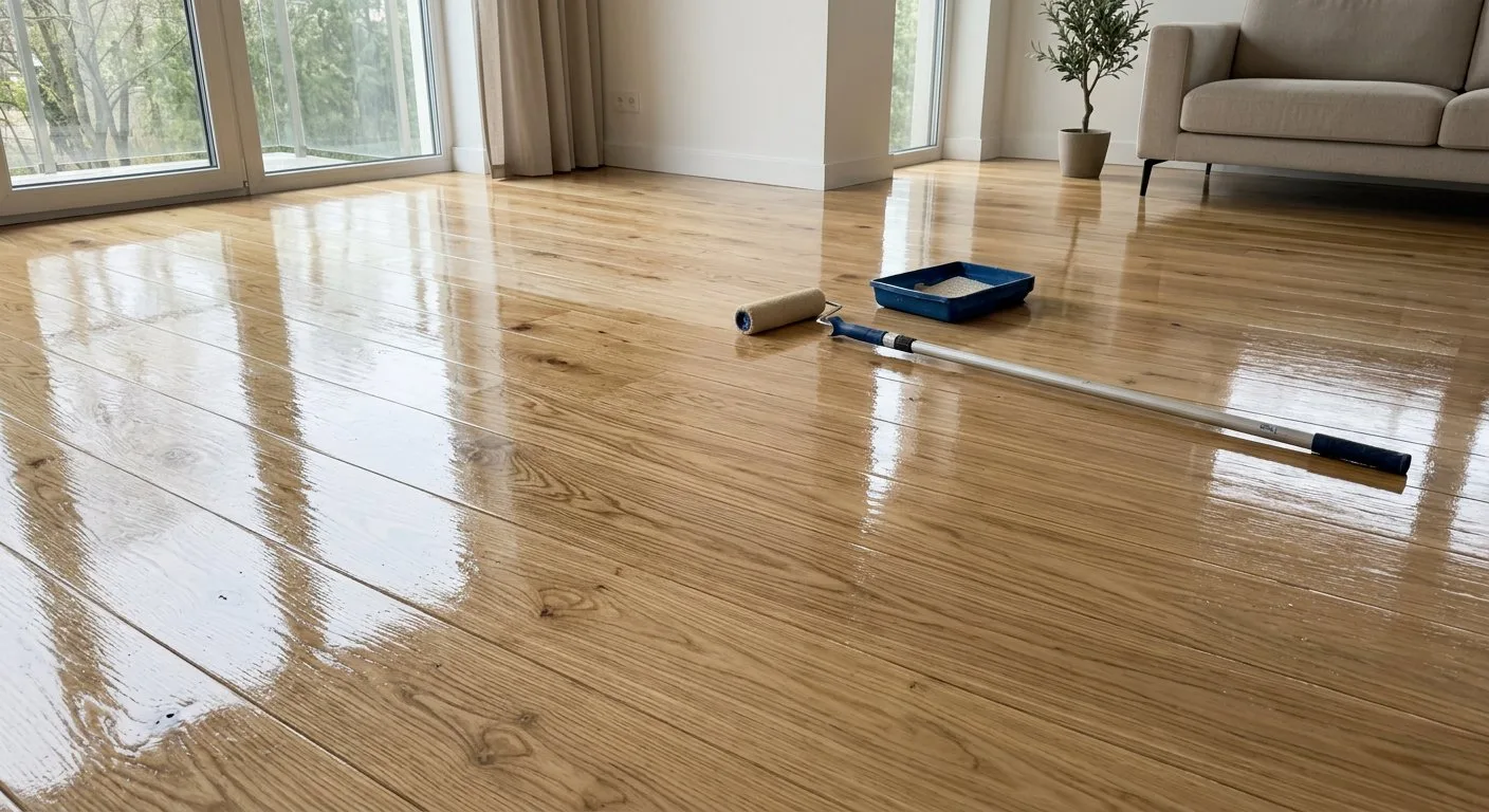 Świeżo polakierowany parkiet jesionowy w salonie odbija delikatne światło wpadające przez duże okno tarasowe.
