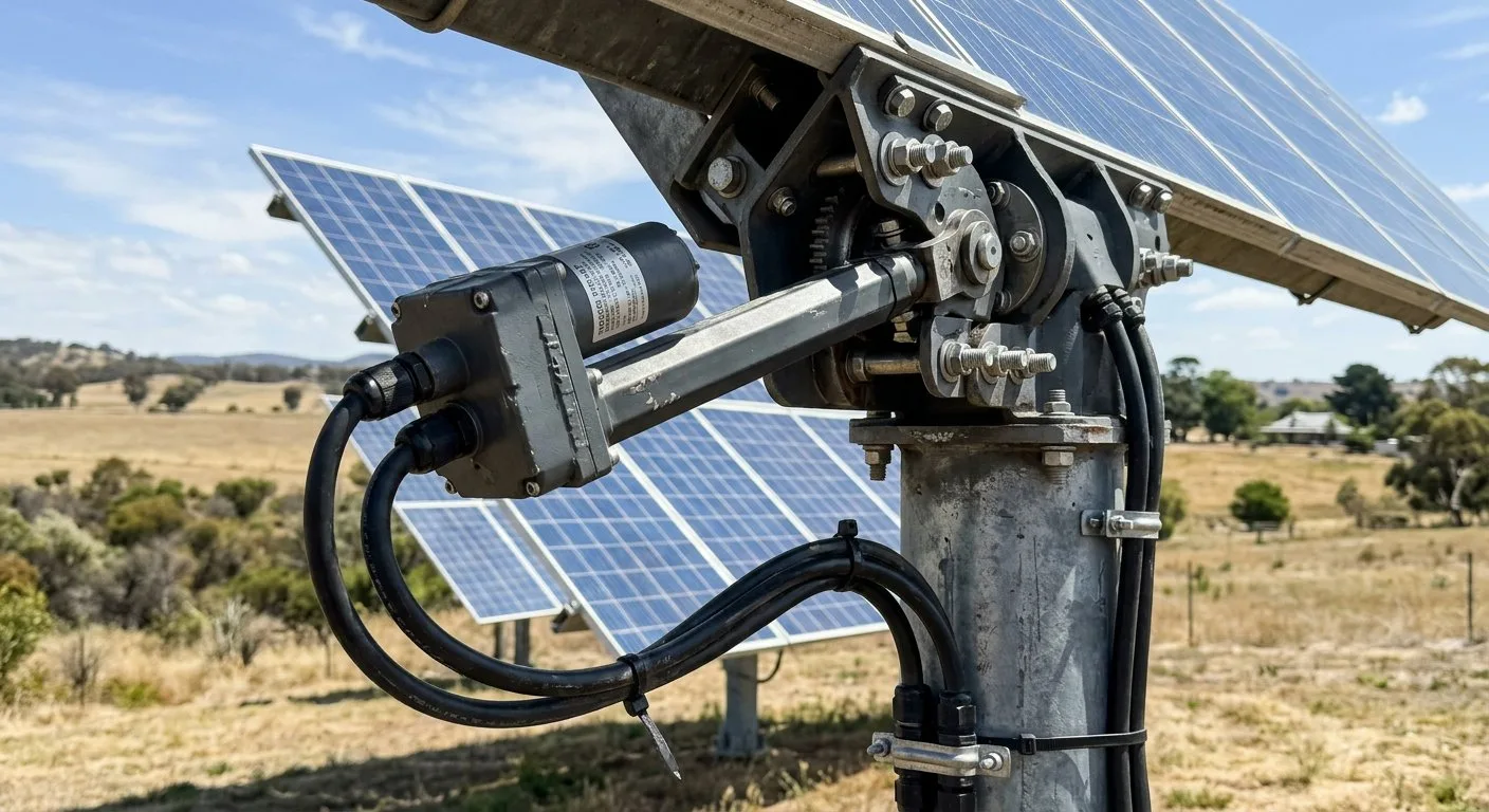 Solidny siłownik elektryczny i mechanizm obrotowy są precyzyjnie zamontowane na stalowym słupie podtrzymującym konstrukcję trackera słonecznego.