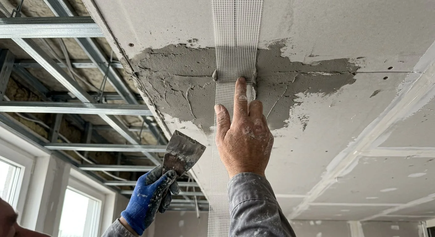 Budowlaniec wtapia białą taśmę zbrojącą z włókna szklanego w świeżą warstwę szarej masy szpachlowej na suficie z płyt gipsowo-kartonowych.