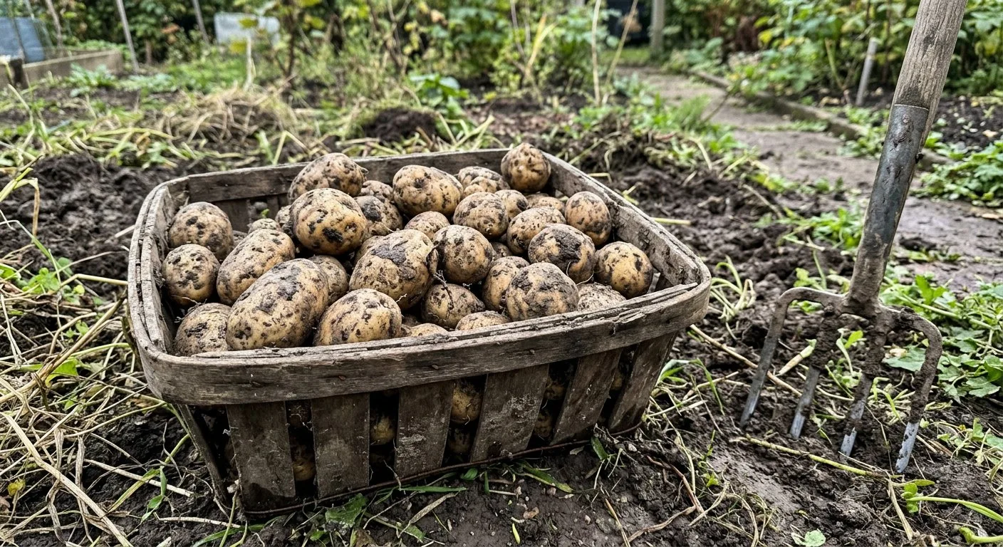 Drewniany kosz wypełniony świeżo wykopanymi, oblepionymi wilgotną ziemią ziemniakami stoi na trawie obok metalowych wideł ogrodowych.