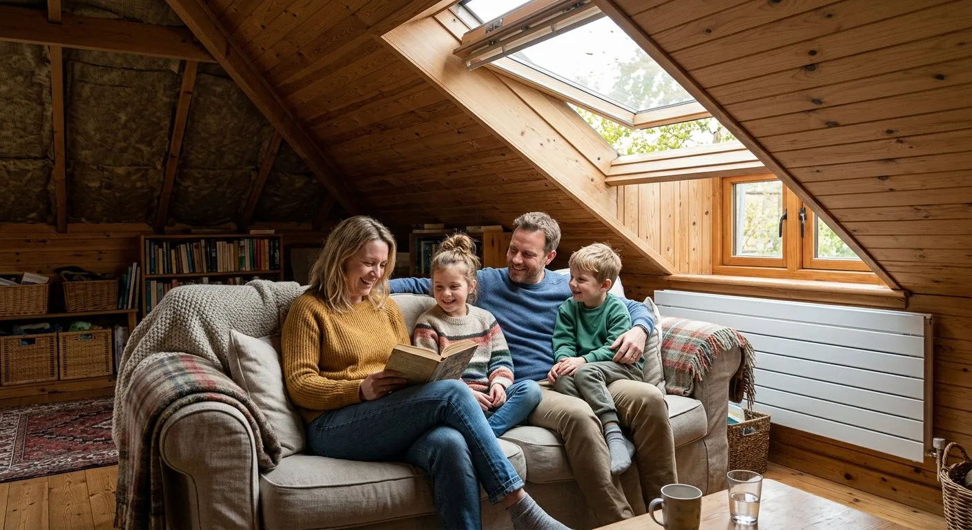 Rodzina spędzająca wspólnie czas w dobrze ocieplonym, przytulnym poddaszu domku letniskowego ogrzewanym przez nowoczesny grzejnik płytowy.