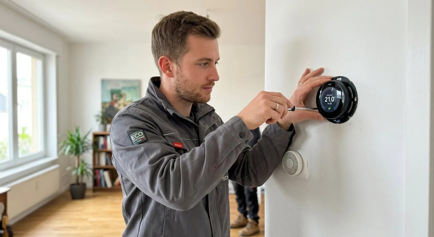 Instalator w szarym ubraniu roboczym precyzyjnie montuje nowoczesny sterownik ogrzewania na białej ścianie odnowionego salonu.