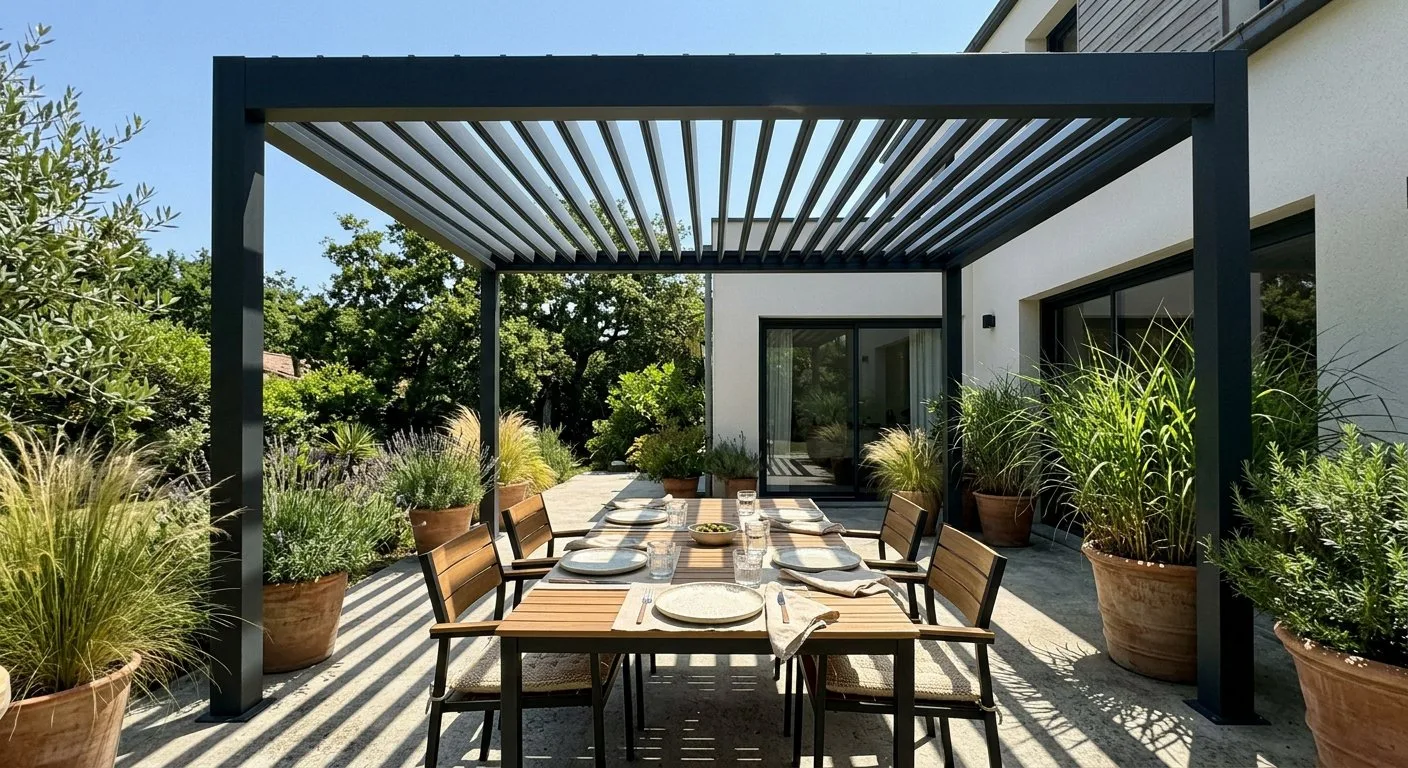 Minimalistyczna pergola bioklimatyczna z regulowanymi lamelami rzuca geometryczne cienie na elegancki stół jadalniany na betonowym tarasie.