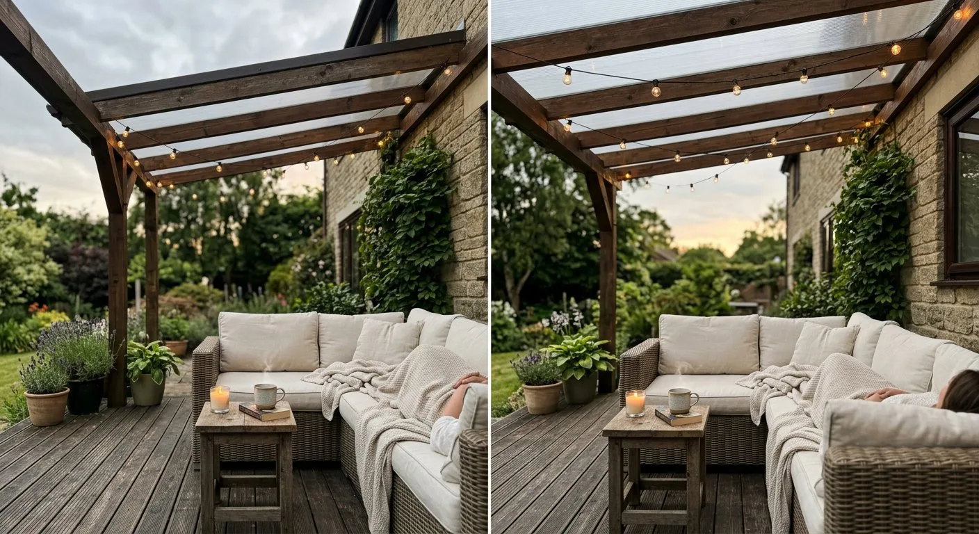 Drewniana pergola z przezroczystym zadaszeniem i klimatycznymi lampkami girlandowymi tworzy nastrojowy kącik do relaksu na tarasie.