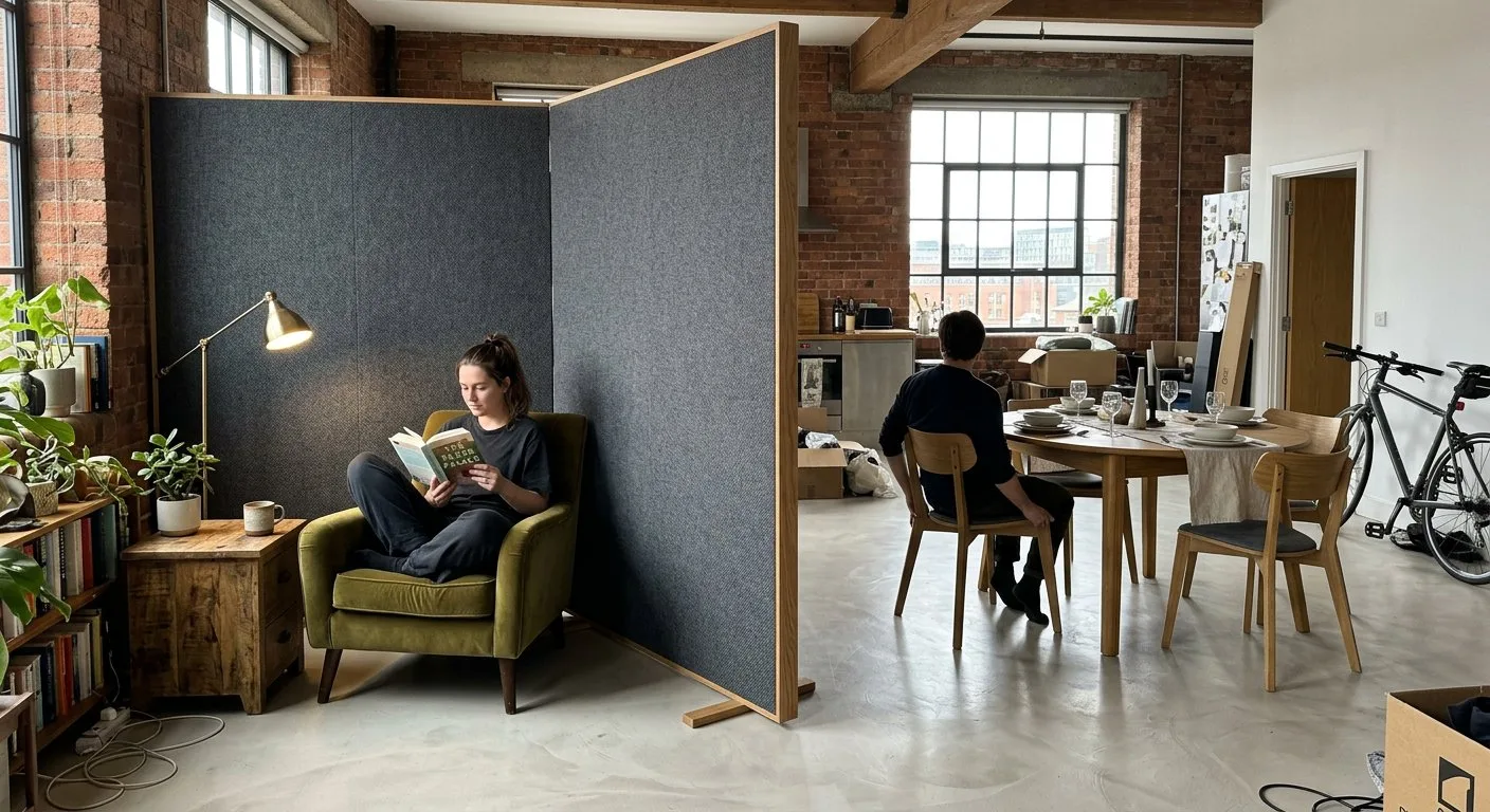 Wysoki, grafitowy panel akustyczny stoi częściowo obrócony na jasnej podłodze z mikrocementu, błyskawicznie wydzielając kameralny kącik do czytania w przestronnym lofcie.